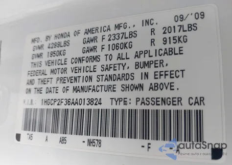 2010 Honda Accord 2.4 Lx из США, поврежденный, VIN 1HGCP2F36AA013824